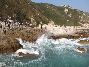 海边观景人群与汹涌波涛