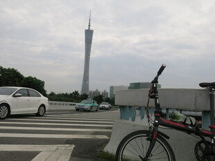 广州塔下的自行车与汽车