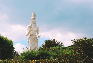 庄严观音雕像立于绿植间
