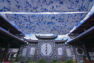 中式庭院蓝白瓷片装饰景观