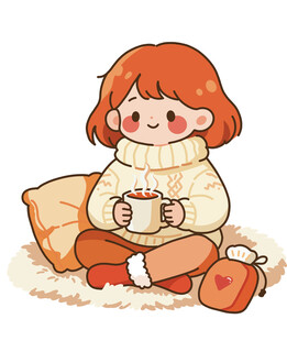 冬季女孩窝在家喝奶茶