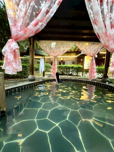 浪漫粉色纱幔下的泳池