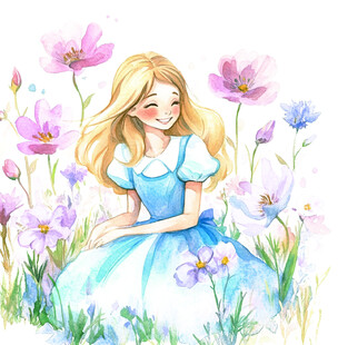 花丛中的蓝裙金发少女