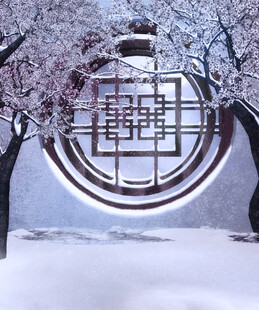 雪覆中式窗棂的静谧景致