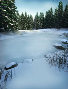 冬日雪覆森林静谧湖景