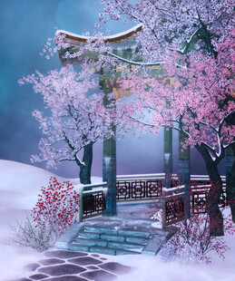 雪中日式樱花牌坊美景