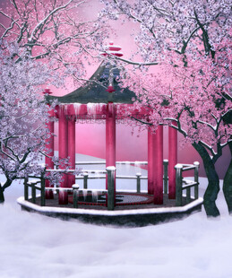 雪中粉樱环绕的浪漫凉亭