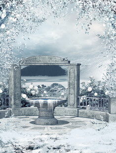 冬日雪景中的古典喷泉景观