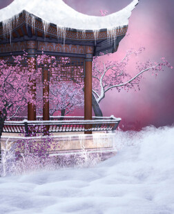 梦幻古风亭台雪景樱花图