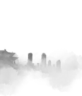水墨云雾中的城市与古建筑