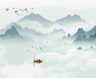 水墨山水间的孤舟飞鸟