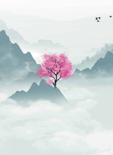 山间粉樱绽云雾飞鸟伴