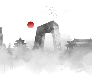 水墨风格中国古建筑景观