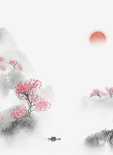 水墨山水间的烂漫桃花