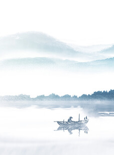 水墨山水间的孤舟