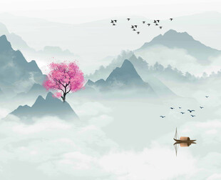水墨山水间的粉色孤树