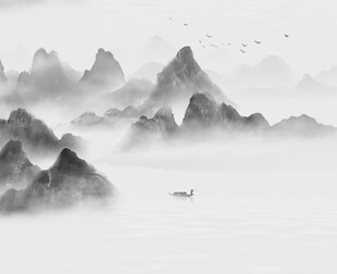 水墨山水间的孤舟意境