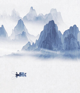 水墨山水间的孤舟