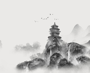 水墨山水间的古塔