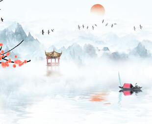 水墨山水间的诗意泛舟景