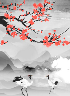 水墨梅花双鹤图