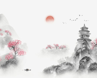 水墨山水古塔红日飞鸟图