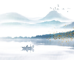 水墨山水间的悠然小舟