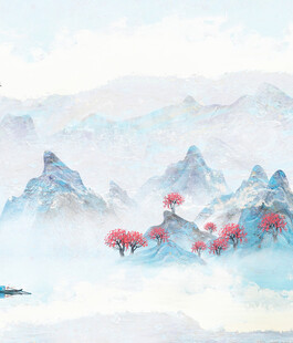 水墨山水间的烂漫红梅