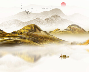 水墨山水间的孤舟落日