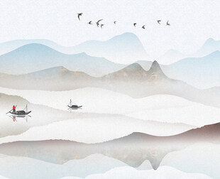 水墨山水间的孤舟飞鸟