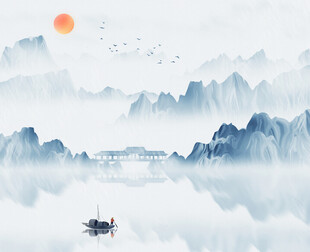 水墨山水间的孤舟落日