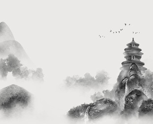 水墨山水间的古韵楼阁