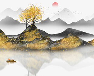 秋景山水图孤舟映树影