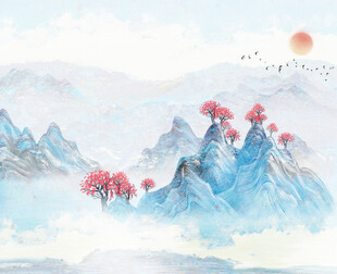 水墨山水间的烂漫红梅