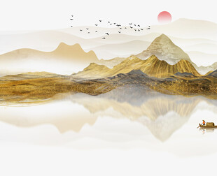 山水孤舟映日诗意画卷