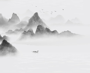 水墨山水间的孤舟意境