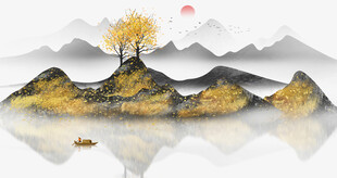 水墨山水间的孤舟秋景