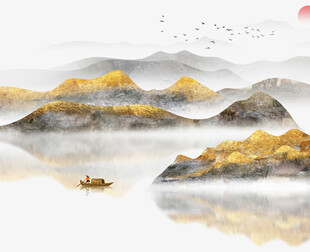 水墨山水间孤舟泛江景