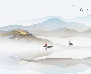 水墨山水间的孤舟飞鸟