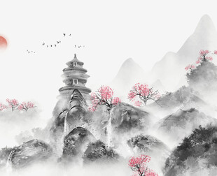 水墨山水间的古韵楼阁