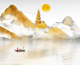 山水间孤舟伴古塔落日