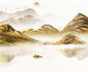 山水泛舟图红日映山川