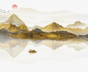 水墨山水间的孤舟落日