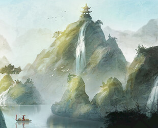 水墨山水间的孤舟与奇峰