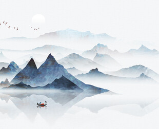水墨山水间孤舟泛碧波