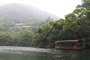 江上游船穿行于翠绿山林间