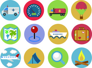 多彩旅行与露营图标集合