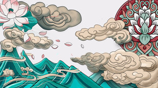 中式山水云纹国风插画