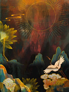 中式奇幻山水间飞鸟图景