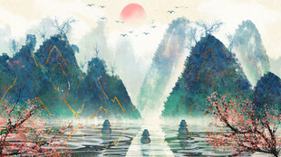 水墨山水间的落日美景
